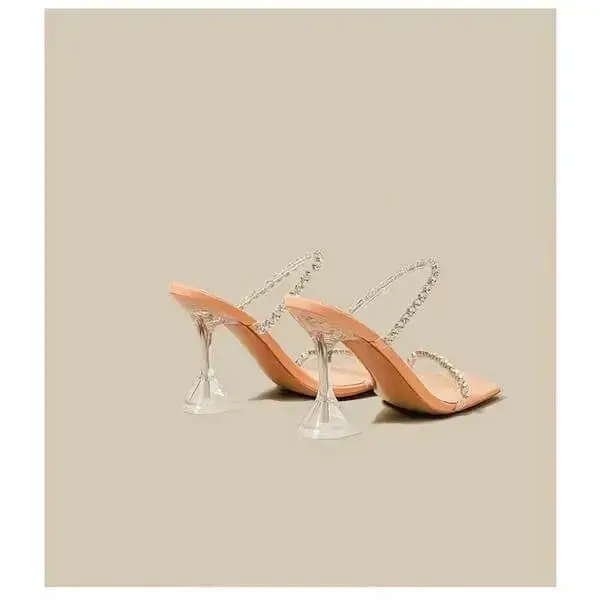 Womens Rhinestone Slippers | UV-Resistant Square-Toe High-Heel Shoes in Black, Peach, White