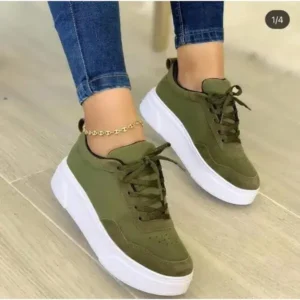 Juneris Women'S Fashion Casual Round Toe Thick-Soled Lace Up Canvas Sneakers