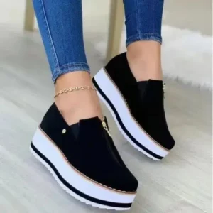 Juneris Women Fashion Retro Style Elastic Band Thick Sole Solid Color Mid-Slip Sneakers