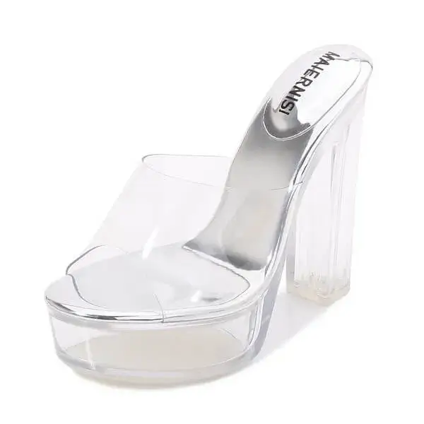 Juneris Women Fashion Plus Size Transparent Crystal Chunky Heel Platform High