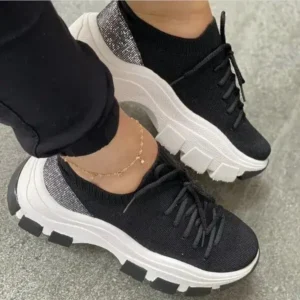 Juneris Wedge Heel Flying Woven Colorblock Lace-Up Sneakers Large Size Casual Low Top Women Shoes