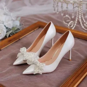 Juneris Women Fashion Sexy Pointed Satin Pearl Pointed Toe Shoes