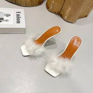 Juneris Women Fashion Sexy Feather Decoration Solid Color Chunky High Heel Slippers Shoes