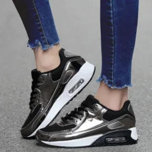 Juneris Women Casual Sports Lace Up Design Shiny Air Cushion Platform Sneakers