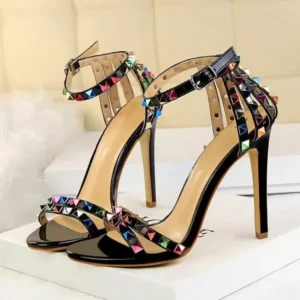 Juneris Fashion Women Sexy 11cm High Heels Rivets Studded Sandals Ankle Buckle Strap Stiletto Shoes