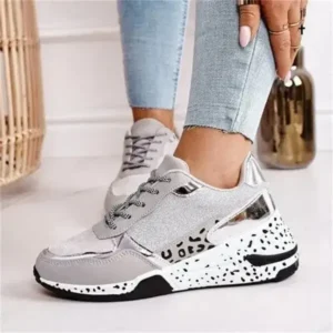 Juneris Women Fashion Casual Leopard Print Color Matching Lace-Up Platform Sneakers