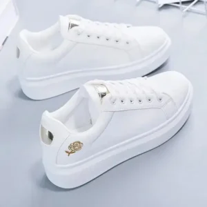 Juneris Women Casual Fashion Rose Embroidery Thick-Soled Comfortable PU Leather White Sneakers