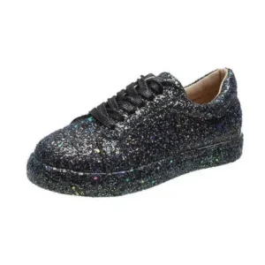 Juneris Women Creative Casual Sequined Solid Color Lace-Up Low-Top Flat Sneakers