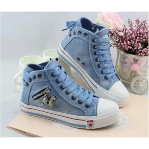 Juneris Women Casual Spring Zipper Decor Lace-Up High Top Denim Canvas Sneakers