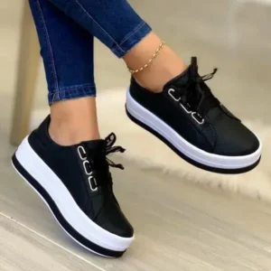 Juneris Women Casual Round Toe Lace-Up Block Color Platform Shoes PU Sneakers