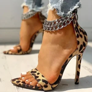 Juneris Women Sexy Metal Chain Buckle Ankle Strap Animal Printed High Heels