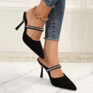 Juneris Summer Women Fashion Plus Size Elegant Pointed Toe Strap Rhinestone Stiletto Heel Slippers