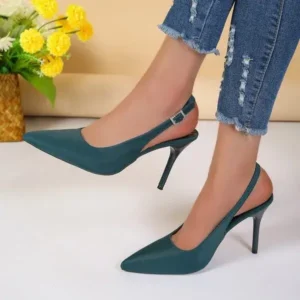 Juneris Summer Women Fashion Plus Size Elegant Pointed Toe Strap Buckle Sling Back Stiletto Heel PU Sandals