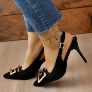 Juneris Summer Women Fashion Casual Plus Size Solid Color Pointed Toe Metal Buckle Sling Back High Heel Sandals