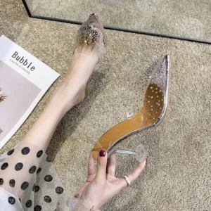 Juneris Women Fashion Sexy Rhinestone Decorative Pointed Toe Transparent High Heel Sandals