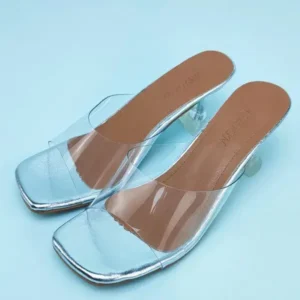 Juneris Women Fashion Casual Square Toe Transparent Design Mid Heel Slippers