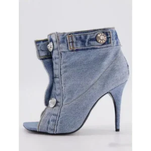 Juneris Women Fashion High Heel Denim Button High Top Boots