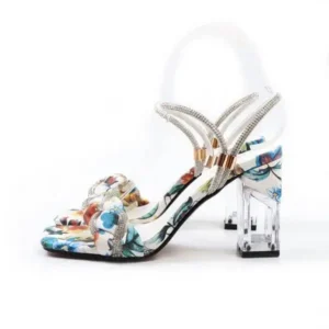 Juneris Women Fashion Sexy PU Rhinestone Floral Printed Square Toe Chunky Heel ?Sandals