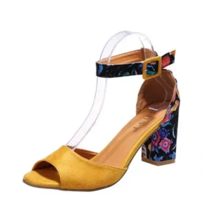 Juneris Women Fashion Sexy PU Floral Printed Peep Toe Chunky Heel Ankle Strap Buckle Sandals