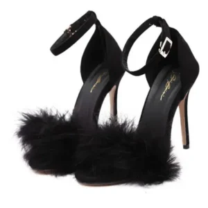 Juneris Women Fashion Sexy PU Solid Color Feather Peep Toe Stiletto Heel Ankle Strap Buckle Sandals