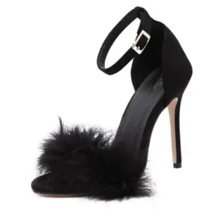 Juneris Women Fashion Sexy Solid Color Feather Peep Toe Stiletto Heel Ankle Strap Buckle Sandals