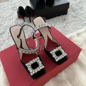 Juneris Women Fashion Elegant PU Square Toe Rhinestone Stiletto Heel Ankle Strap Buckle Sandals