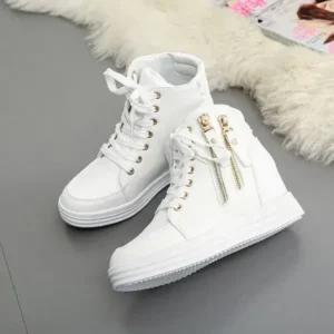 Juneris Women Fashion Solid Color Side Zipper Lace-Up Round Head Thick-Soled Sneakers