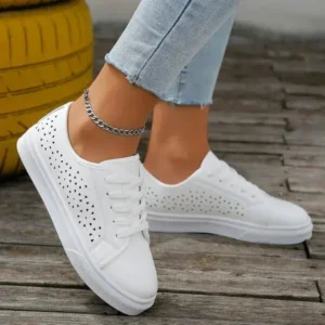 Juneris Women Fashion Solid Color Plus Size Hollow Lace-Up Round-Toe Sneakers