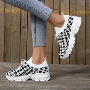 Juneris Summer Women Fashion Casual Geometric Print Fly-Woven Lace-Up Sneakers