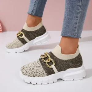 Juneris Women Fashion Color Block Metal Chain Thick-Soled Breathable Fly-Woven Sneakers