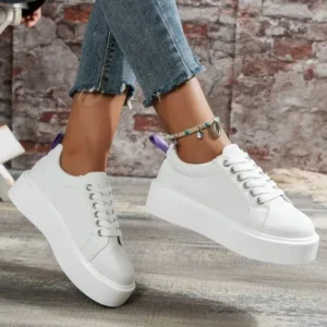 Juneris Women Fashion Solid Color Round-Toe Lace-Up Thick-Soled Sneakers