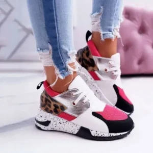 Juneris Women Casual Leopard Printed Patchwork Lace Up Sneakers