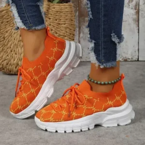 Juneris Women Fashion Plus Size Casual Flying Woven Lace-Up Round Toe Sneakers