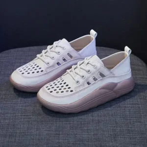 Juneris Women Fashion Casual Solid Color PU Lace-Up Hollow Breathable Sneakers