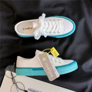 Juneris Women Fashion Cream Blue Canvas Lace-Up Sneakers