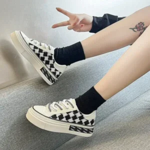 Juneris Women Fashion Platform Checkerboard Canvas Sneakers