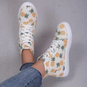 Juneris Women Fashion Round Toe Lace-Up Pineapple Strawberry Flat Sneakers