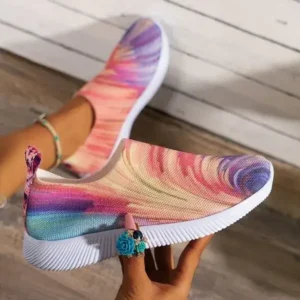 Juneris Women Fashion Round Multicolor Gradient Rainbow Mesh Sneakers