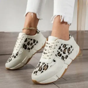 Juneris Women Fashion Round Toe Stitching Lace Up Low Top Leopard Sports Sneakers